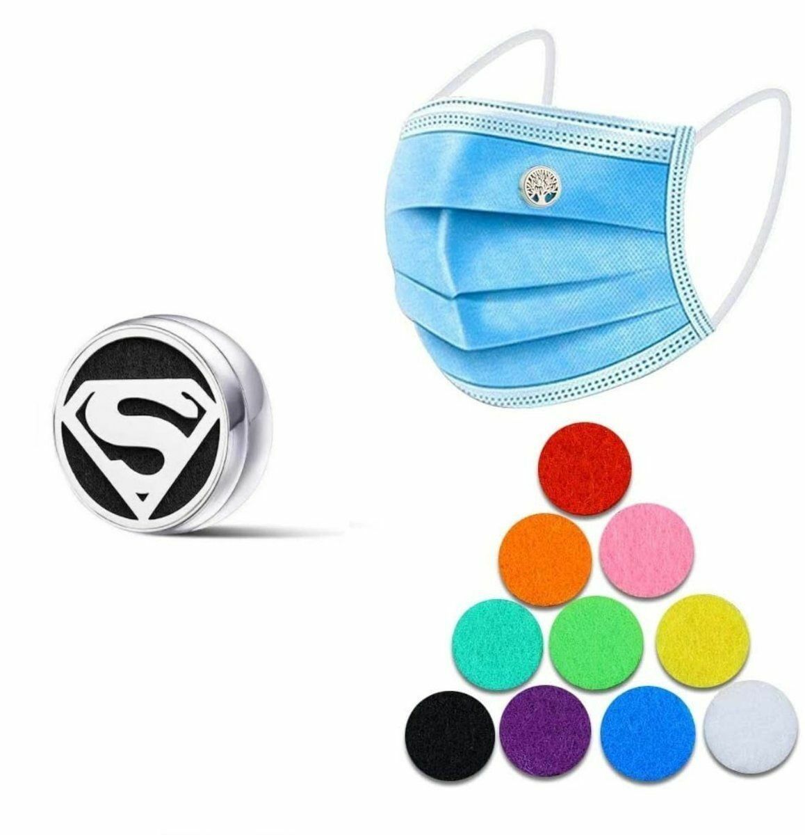New superman-shaped multifunctional mask aromatherapy buckle* with 10 scented core cotton pieces. Essential oil buckle | Aromatherapy essential oil buckle | Mask magnetic buckle | Air freshening | Removing odor | Deodorizing