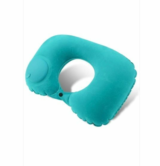 Popular travel push-type inflatable U-shaped pillow for long-distance flights, cars, office rest pillows and neck pillows (press-type - peacock green) plant velvet fabric
