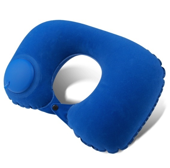 Popular travel push-type inflatable U-shaped pillow for long-distance flights, cars, office rest pillows and neck pillows (press-type - blue) plant velvet fabric