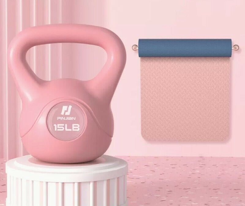 Hot selling butt training set [15LB kettlebell + TPE two-color yoga mat pink]