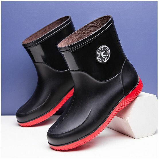 Popular men's short-tube waterproof rain boots [Fashion 908 [black and red] single shoe style] [Size: 39-44] [Please contact customer service after placing an order to confirm the delivery size]