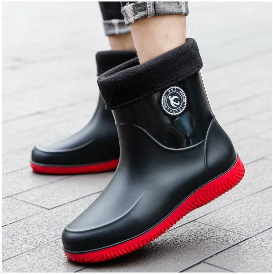 Popular men's short-tube waterproof rain boots [Fashion 908 [Black and red with cotton cover] removable and washable] [Size: 39-44] [Please contact customer service to confirm the delivery size after placing the order]