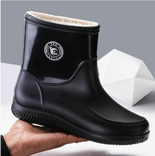 Popular men's short-tube waterproof rain boots [Fashion 908 [Black plus fixed velvet] non-detachable] [Size: 39-44] [Please contact customer service to confirm the delivery size after placing the order]