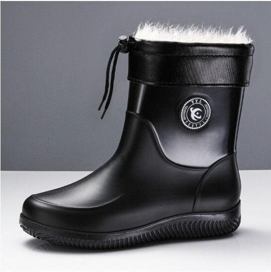 Popular men's short-tube waterproof rain boots [Fashion 908 [Black plus long velvet cover] removable and washable] [Size: 39-44] [Please contact customer service to confirm the delivery size after placing the order]