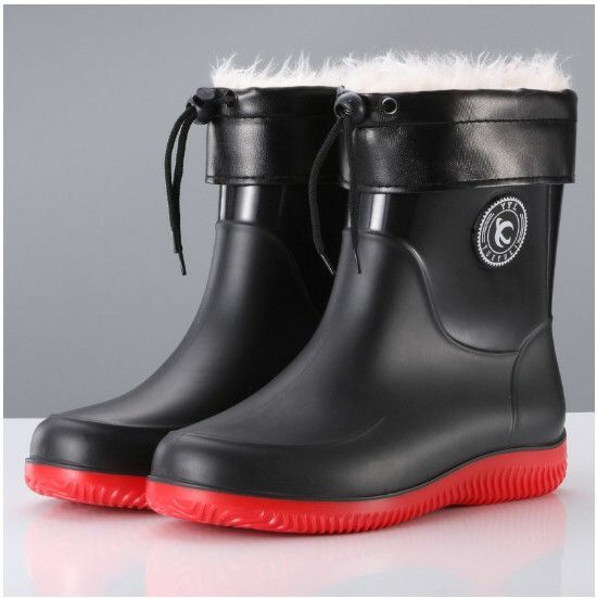 Popular men's short-tube waterproof rain boots [Fashion 908 [Black and red plush velvet cover] removable and washable] [Size: 39-44] [Please contact customer service after placing an order to confirm the delivery size]