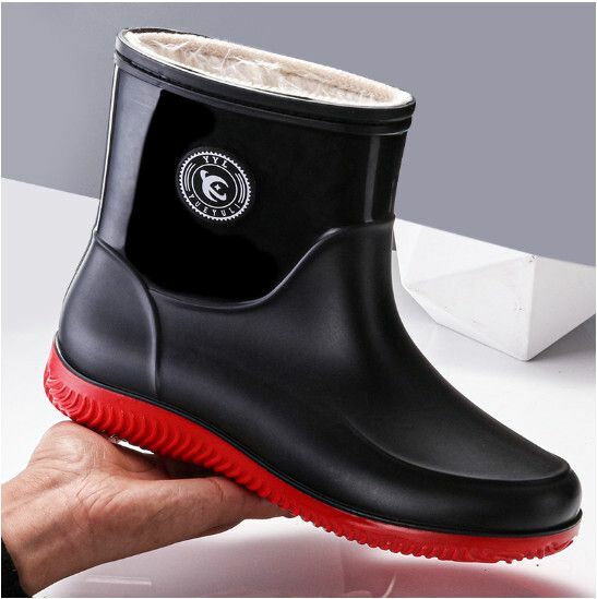 Popular men's short-tube waterproof rain boots [Fashion 908 [Black and red with fixed velvet] non-detachable] [Size: 39-44] [Please contact customer service to confirm the delivery size after placing the order]