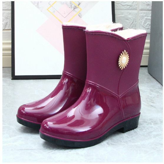 Popular fashion mid-tube women's waterproof rain boots [Purple 202 [Fixed velvet] non-detachable] [Size: 36-40] [Please contact customer service to confirm the delivery size after placing the order]