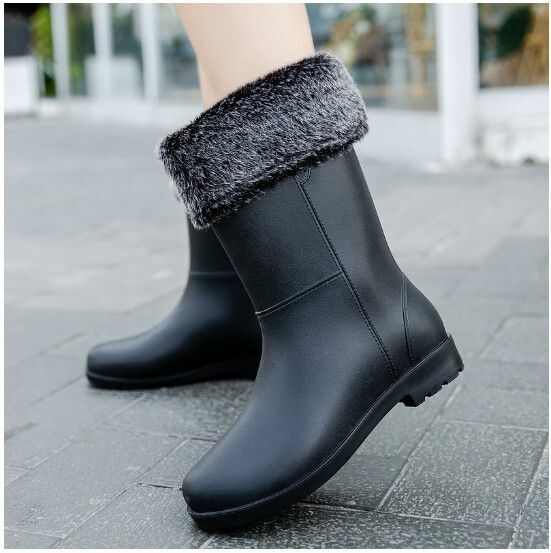 Popular fashionable women's waterproof and non-slip rain boots [2268 fashionable rain boots [black] with black velvet cover] [Size: 36-40 yards] [Please contact customer service to confirm the delivery size after placing the order]