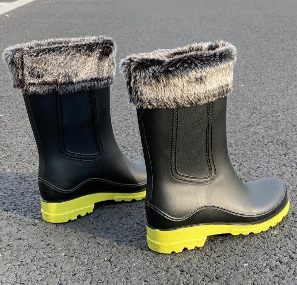 Popular fashionable women's waterproof and non-slip rain boots [Leonli 701 [yellow bottom] with black velvet cover - removable] [Size: 36-41] [Please contact customer service after placing the order to confirm the delivery size]
