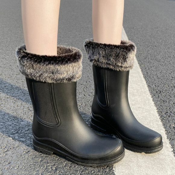 Popular fashionable women's waterproof and non-slip rain boots [Leonli 701 [black bottom] with black velvet cover - removable] [Size: 36-41] [Please contact customer service after placing the order to confirm the delivery size]