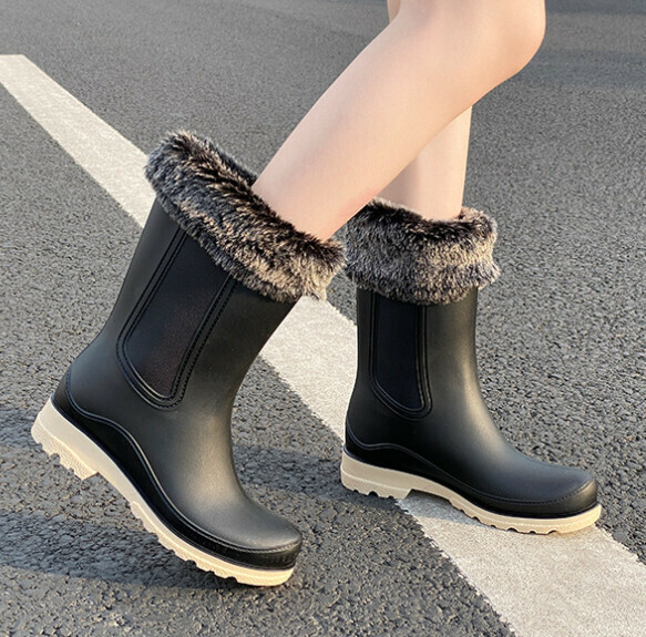 Popular fashionable women's waterproof and non-slip rain boots [Leonli 701 [white bottom] with black velvet cover - removable] [Size: 36-41] [Please contact customer service to confirm the delivery size after placing the order]