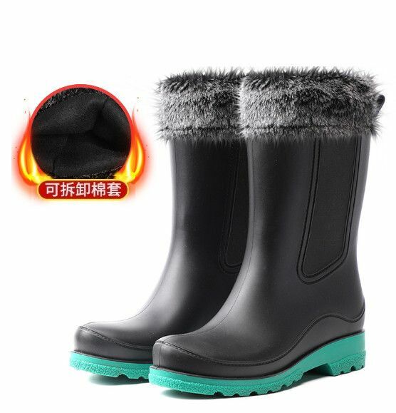 Popular fashionable women's waterproof and non-slip rain boots [Leonli 701 [green bottom] with black velvet cover - removable] [Size: 36-41] [Please contact customer service to confirm the delivery size after placing the order]