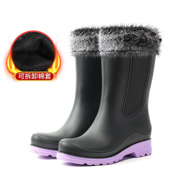 Popular fashionable women's waterproof and non-slip rain boots [Leonli 701 [Purple bottom] with black velvet cover - removable] [Size: 36-41] [Please contact customer service after placing the order to confirm the delivery size]