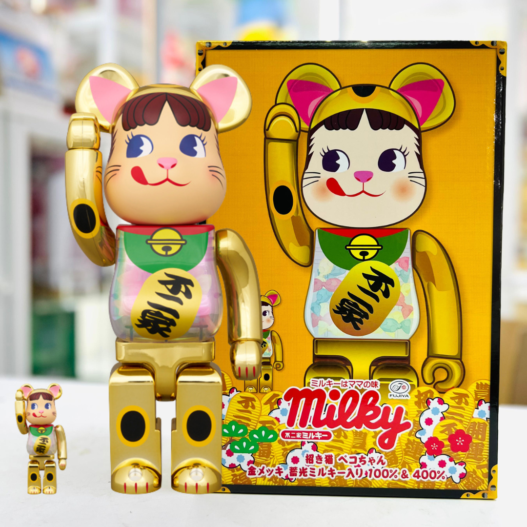 100%+400% BE@RBRICK 招財貓 Peko-chan  磷光乳白色鍍金  Inviting money Peko-chan Ikko milky white plating