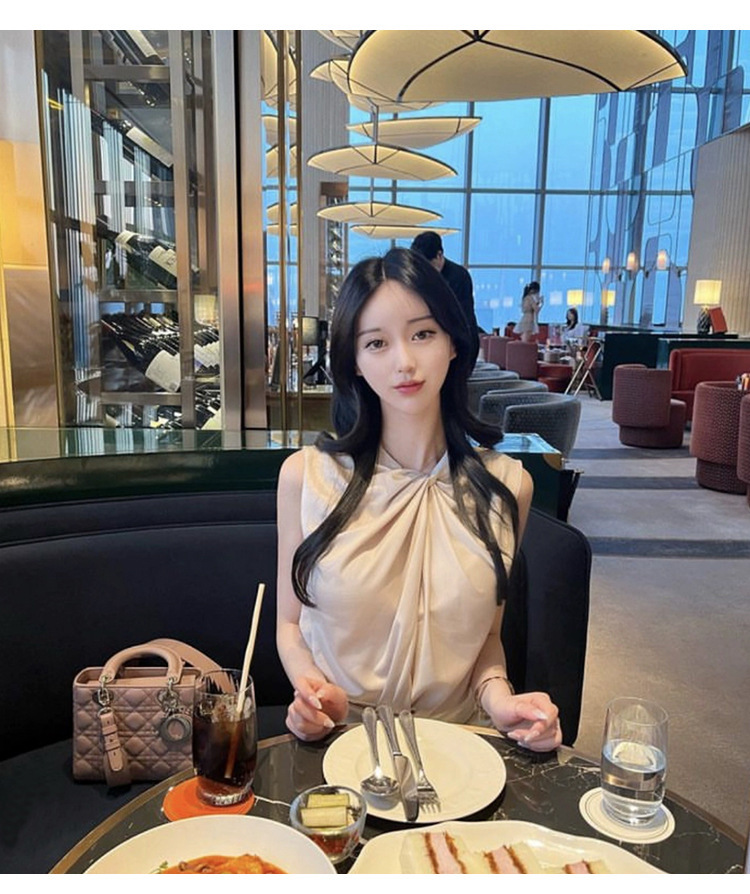 扭結皺褶 緞面無袖上衣(黑/白/香檳)