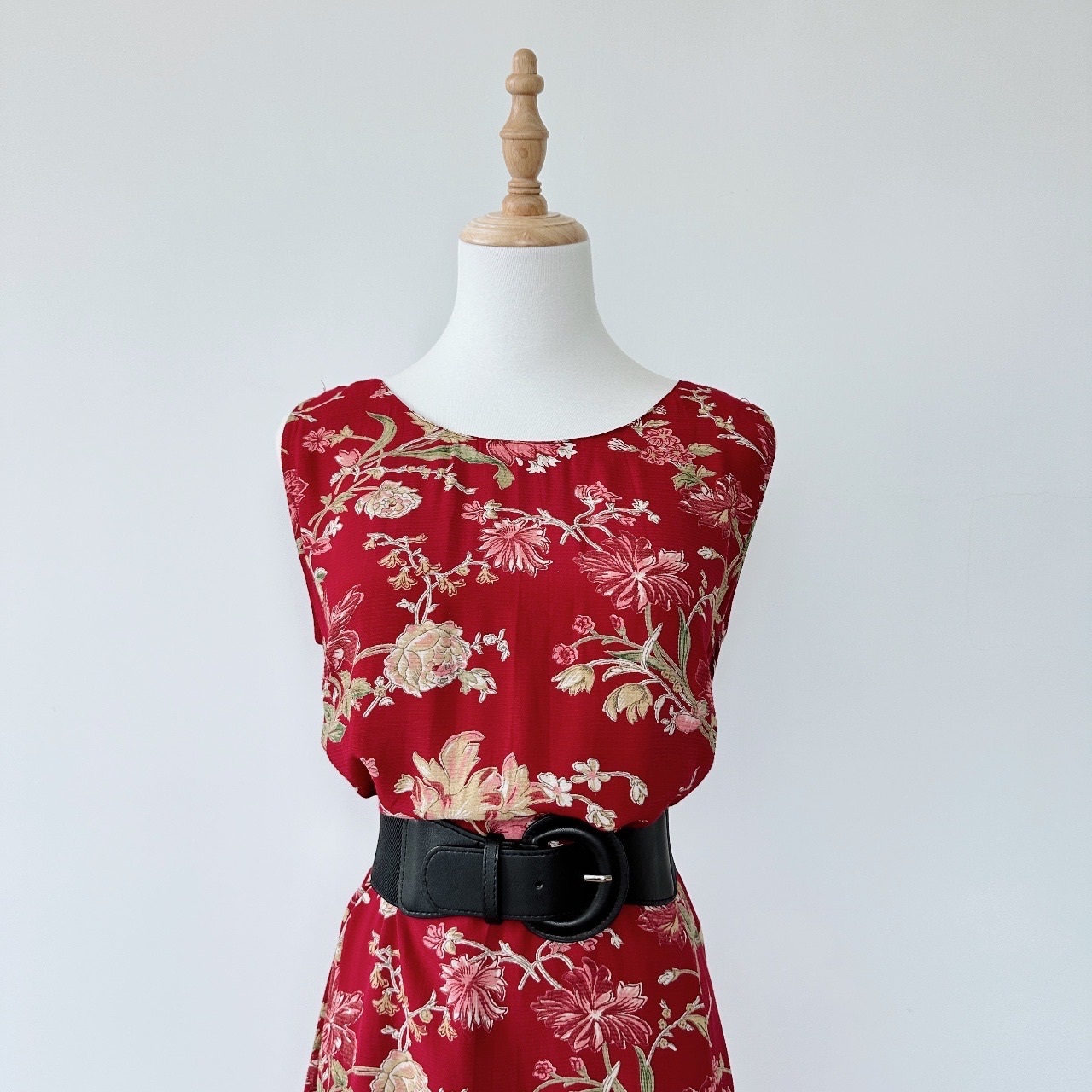 氣質櫻桃紅牡丹花古着連身裙