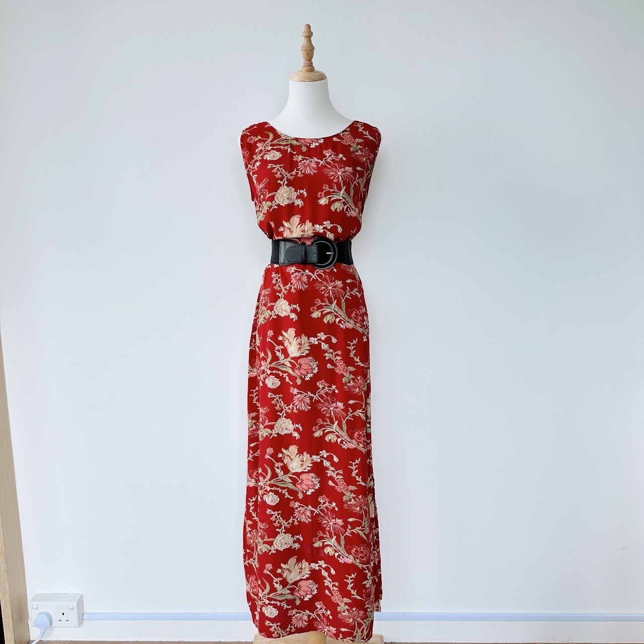 氣質櫻桃紅牡丹花古着連身裙
