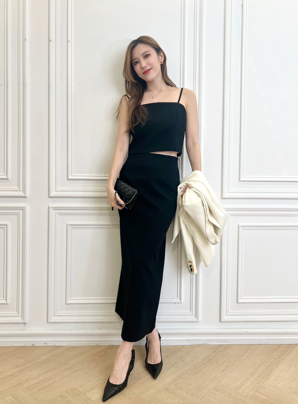 西裝面料細肩帶背心+長裙套裝