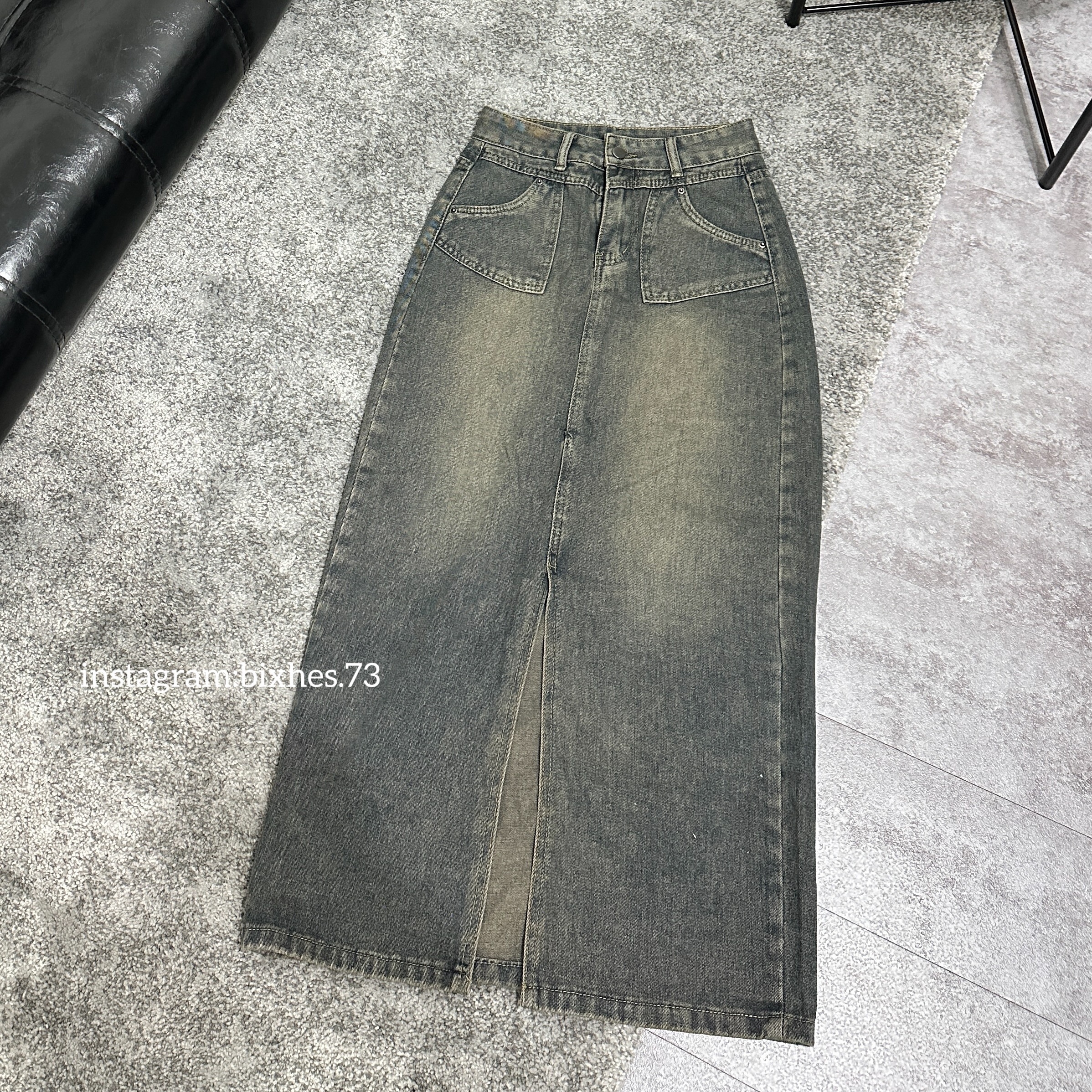 復古刷色牛仔前開衩長裙(D00037)