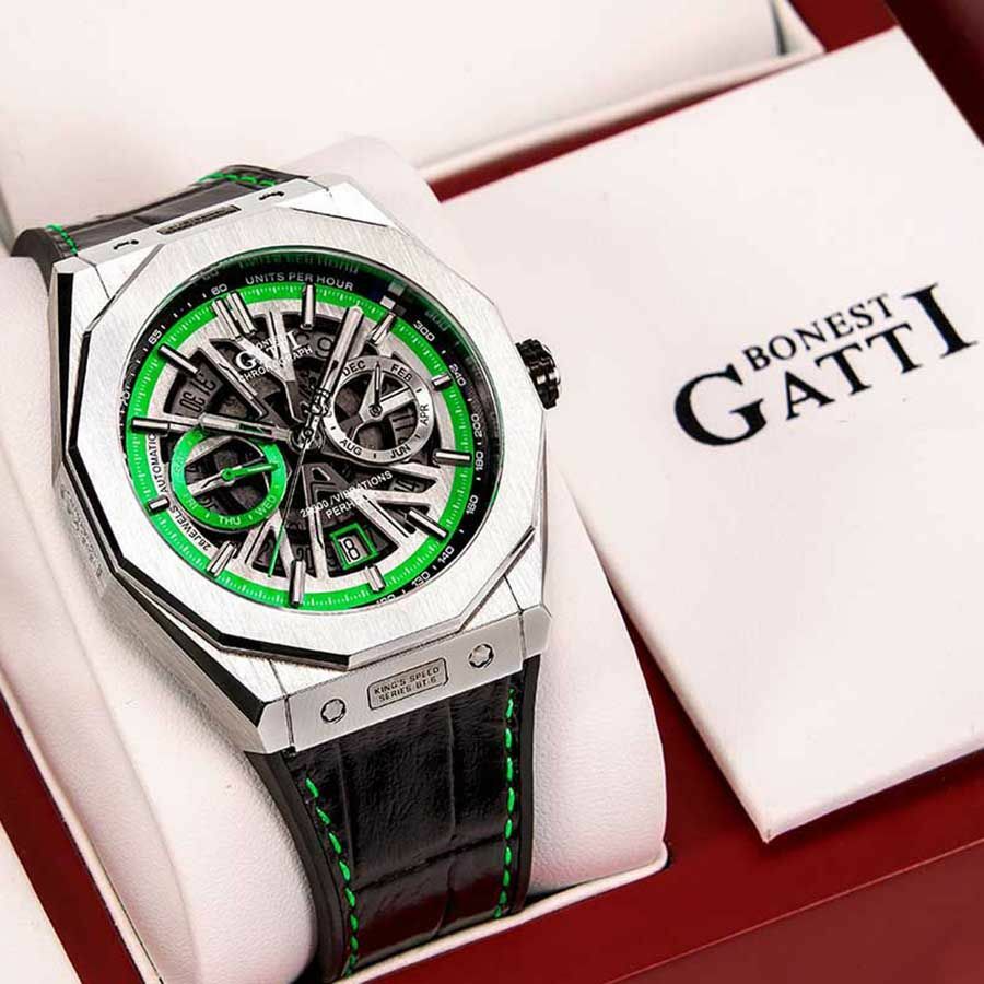 (預購)【Bonest Gatti】 競速王者系列 超跑奔馳 防水全自動機械真皮手錶-毒液綠 -BG9601-B5