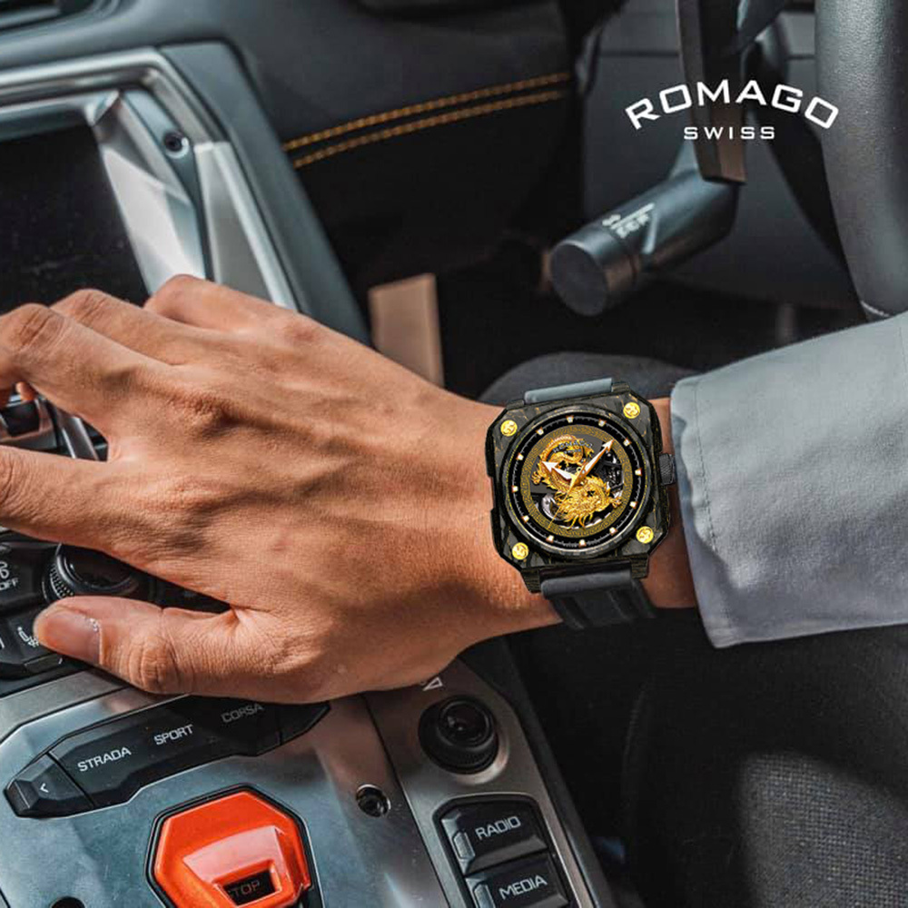 (預購)【ROMAGO 雷米格】 馭光者系列 RM111-DG 碳纖維 限量 夜光 瑞士 八角形 鏤空 金龍 機械錶