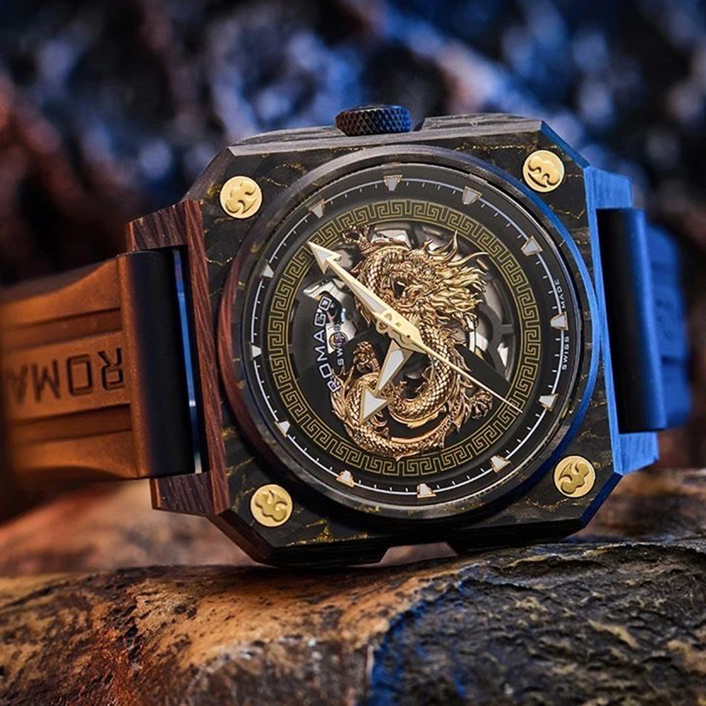 (預購)【ROMAGO 雷米格】 馭光者系列 RM111-DG 碳纖維 限量 夜光 瑞士 八角形 鏤空 金龍 機械錶