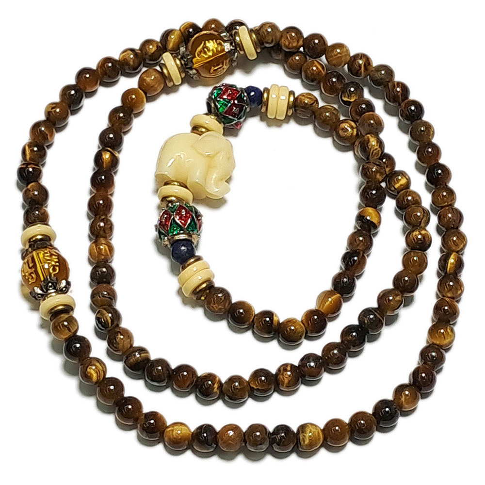 開運吉象(祥)&六字真言&虎眼石108念珠5mm【十方】130556