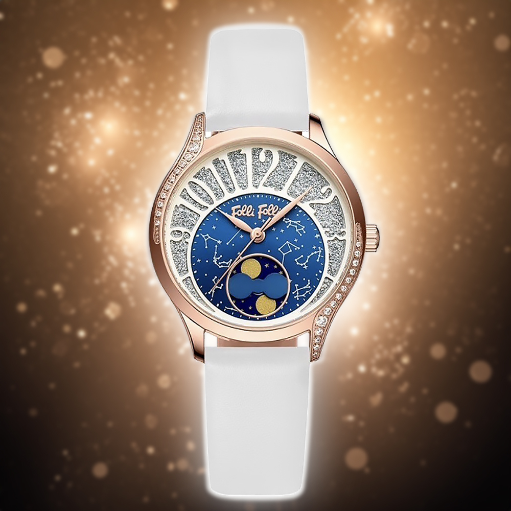 【Folli Follie 芙麗芙麗】 WF22B008BPE 玫瑰白 星空星座 精緻柔美鑲鑽 皮革女錶 手錶