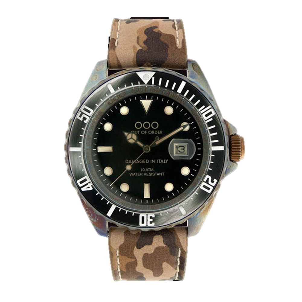【Out of Order】OOO.001.CM 復古 仿舊 日本機芯 帶日期 夜光 旋入式錶冠 黑迷彩 皮革 手錶