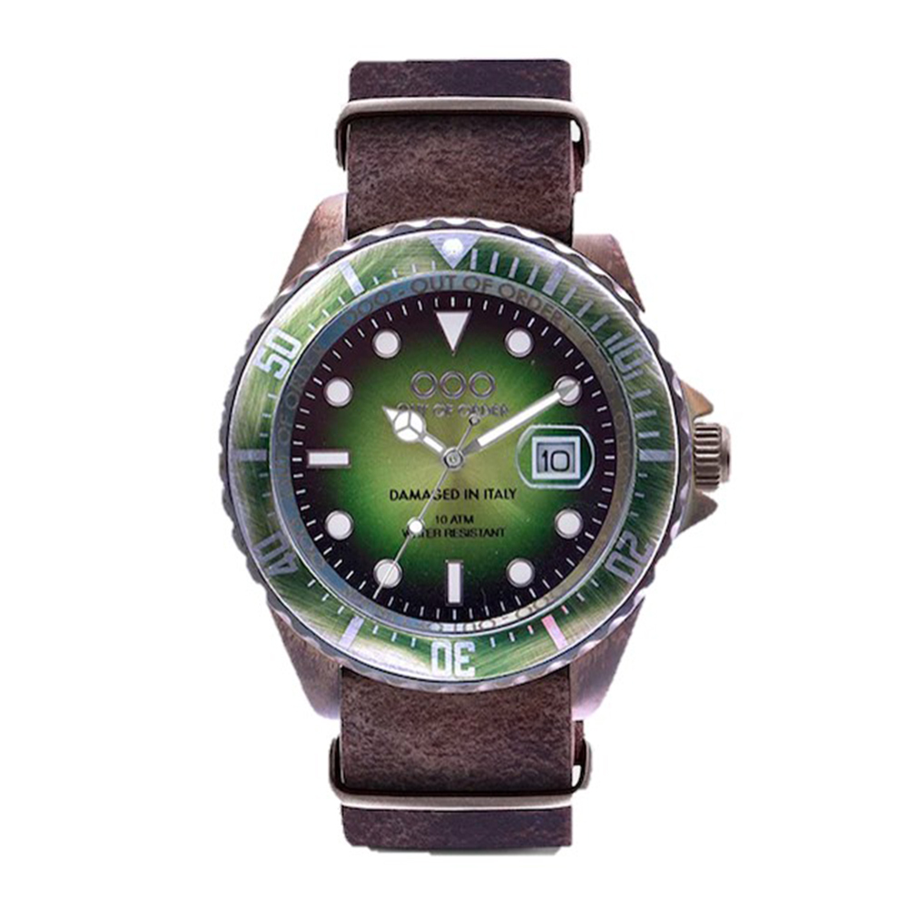 【Out of Order】Scorpione天蠍座系列 OOO.001-10.VE 復古 仿舊 日本機芯 帶日期 夜光 旋入式錶冠 綠咖 皮革 手錶