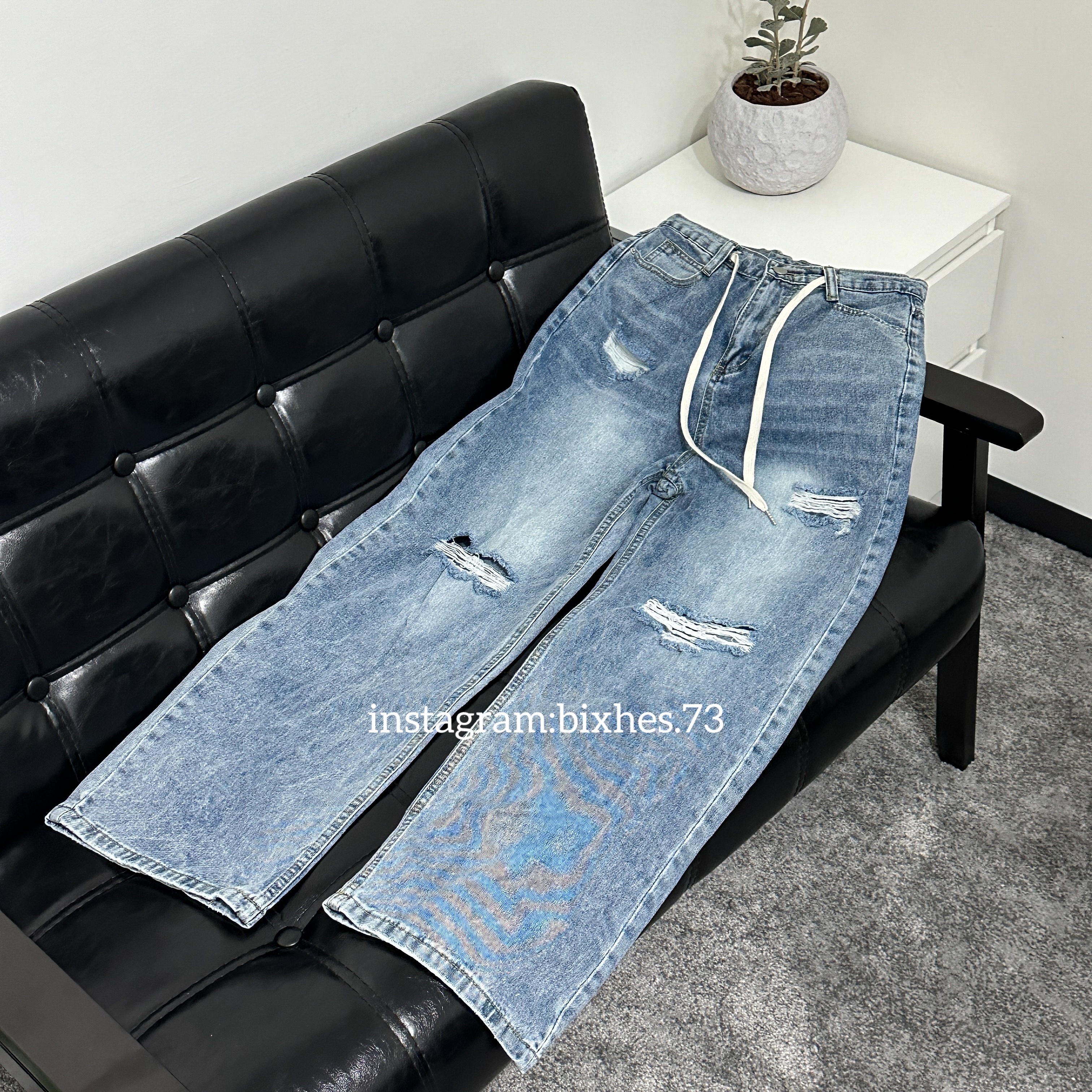 抽繩洗白刷破牛仔褲(E00102)