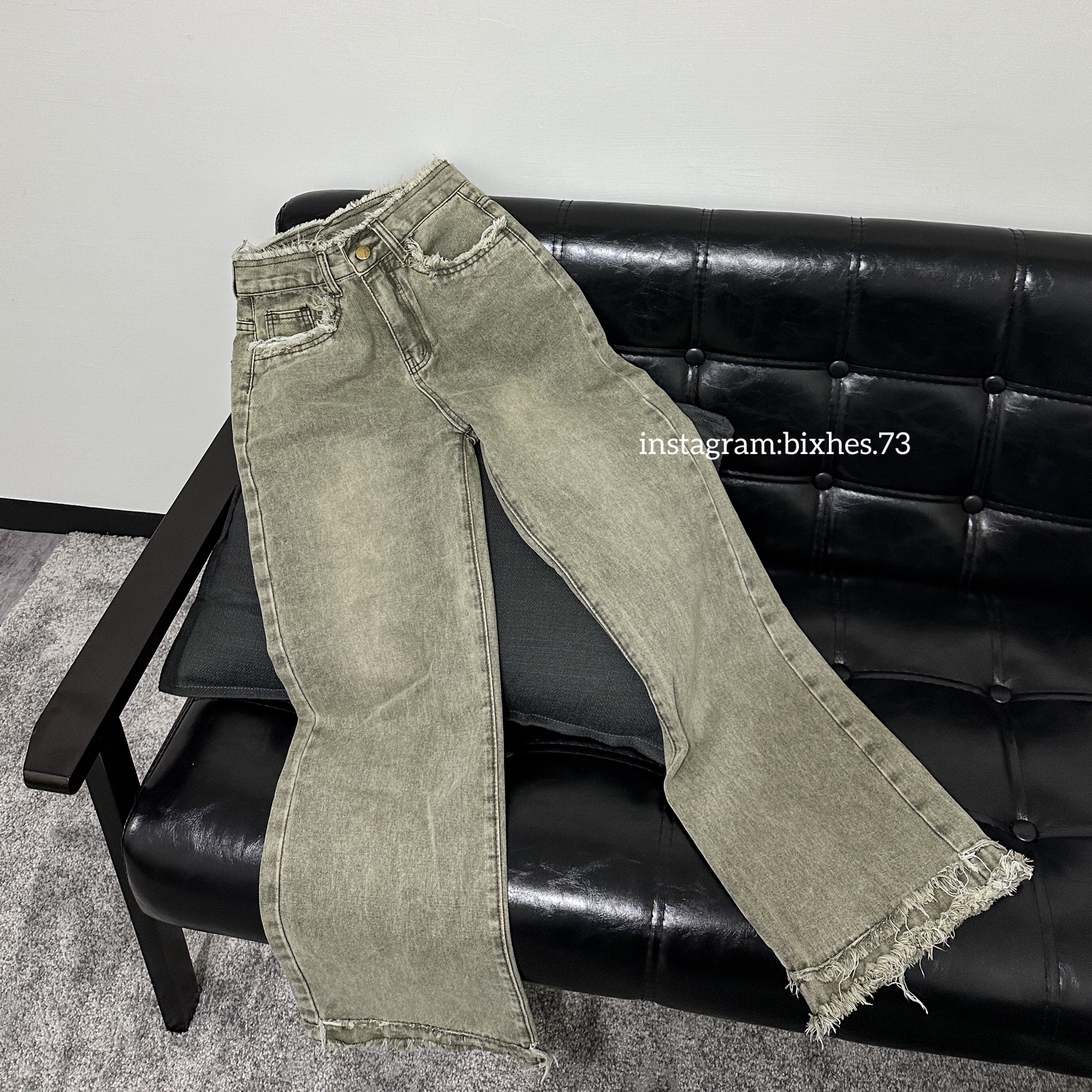 毛邊水洗綠直筒牛仔褲(E00100)