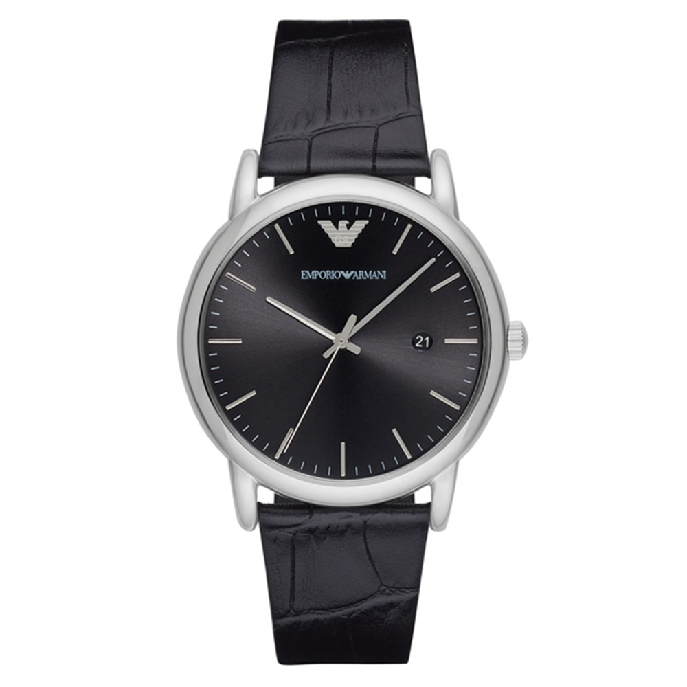 (預購)【Armani 亞曼尼】AR2500 簡約 時尚 全黑 日期顯示 皮革 石英錶