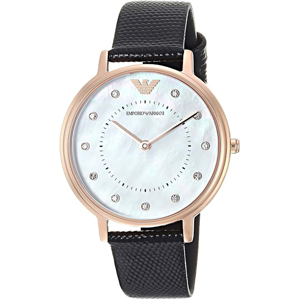 【Armani 亞曼尼】AR80011 質感 奢華 晶鑽時標 珍珠母貝錶盤 皮革 女款 石英錶