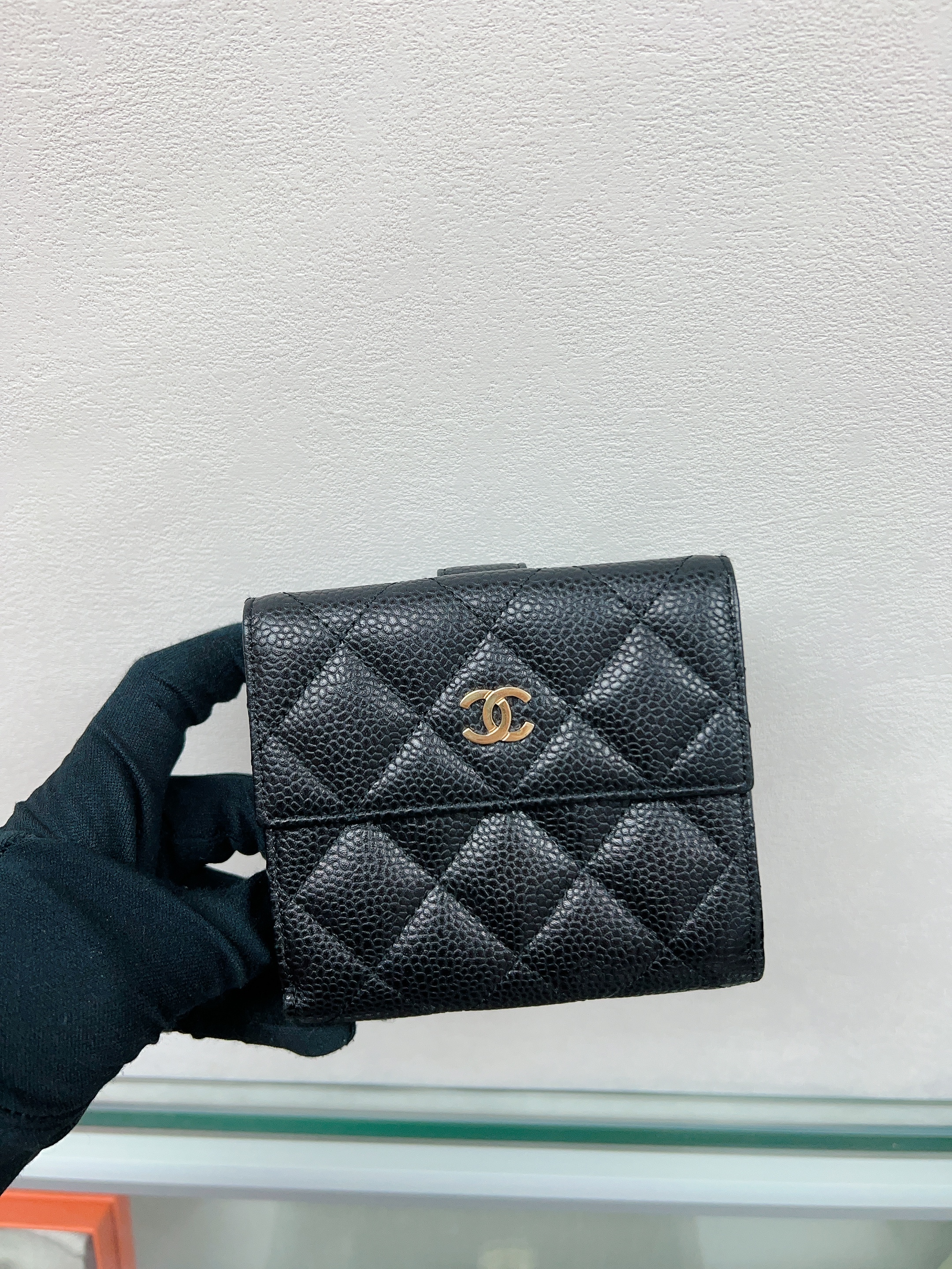 Chanel tri-fold wallet (black caviar GHW)
