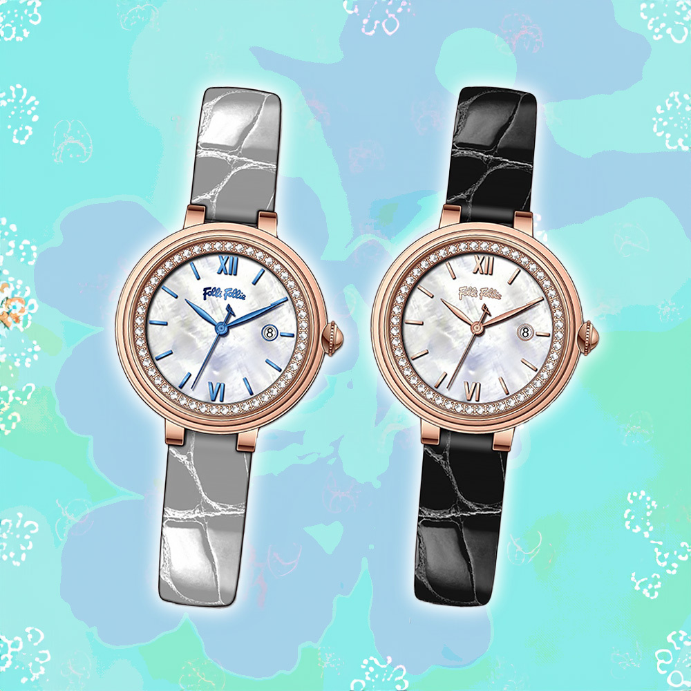 【Folli Follie 芙麗芙麗】WF22A013 淑女 雅致 時尚穿搭 優雅 輕奢 日期 珍珠母貝 鑽圈 牛皮 女錶 手錶