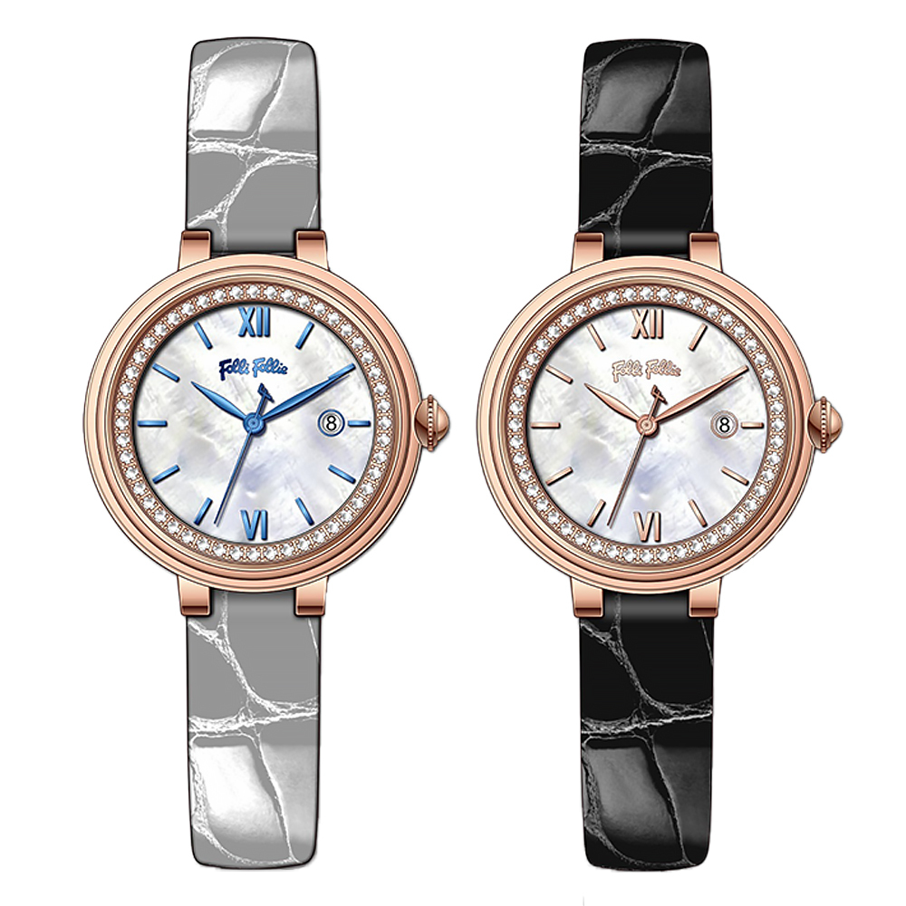 【Folli Follie 芙麗芙麗】WF22A013 淑女 雅致 時尚穿搭 優雅 輕奢 日期 珍珠母貝 鑽圈 牛皮 女錶 手錶