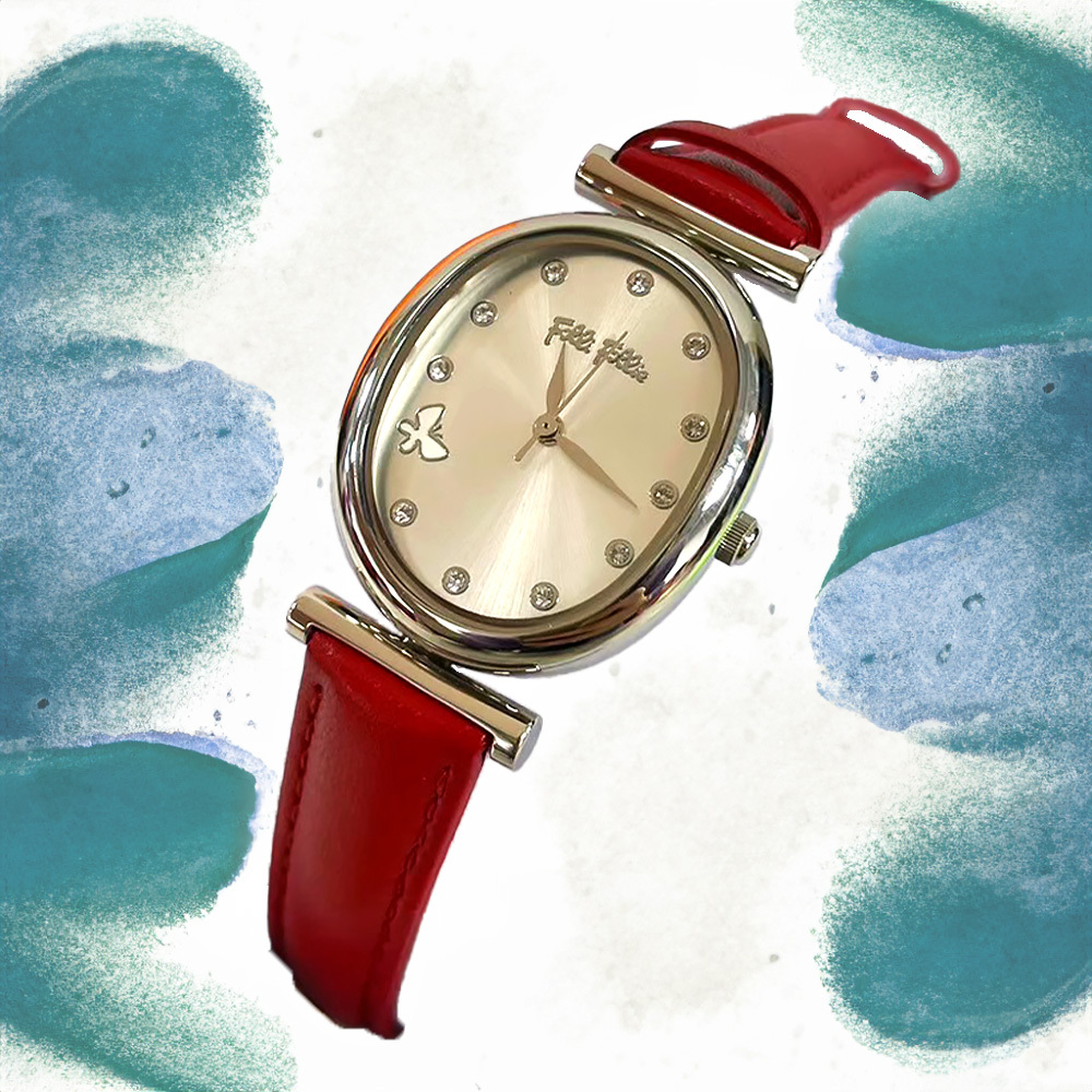 【Folli Follie 芙麗芙麗】WF17T012SS 玫瑰銀紅 橢圓 蝴蝶 晶鑽 復古 淑女 質感 簡約 無字 皮革 女錶 手錶