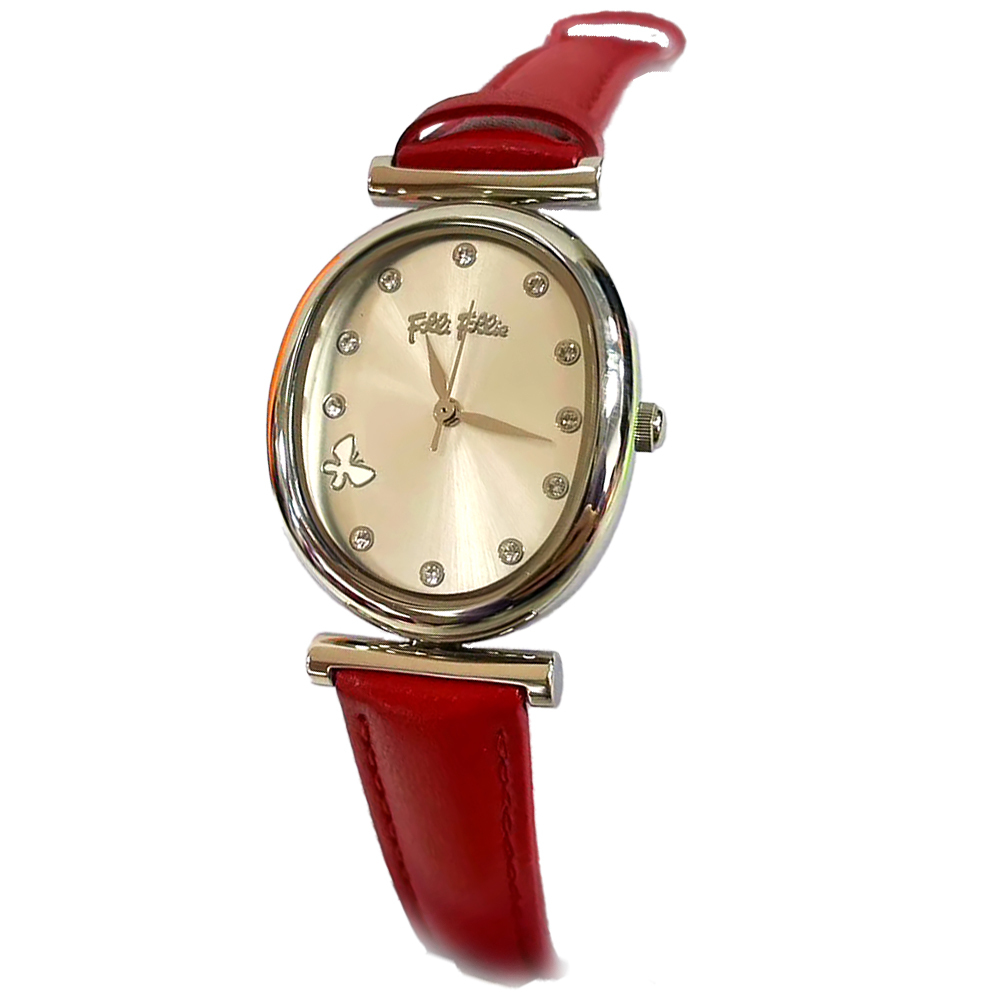 【Folli Follie 芙麗芙麗】WF17T012SS 玫瑰銀紅 橢圓 蝴蝶 晶鑽 復古 淑女 質感 簡約 無字 皮革 女錶 手錶