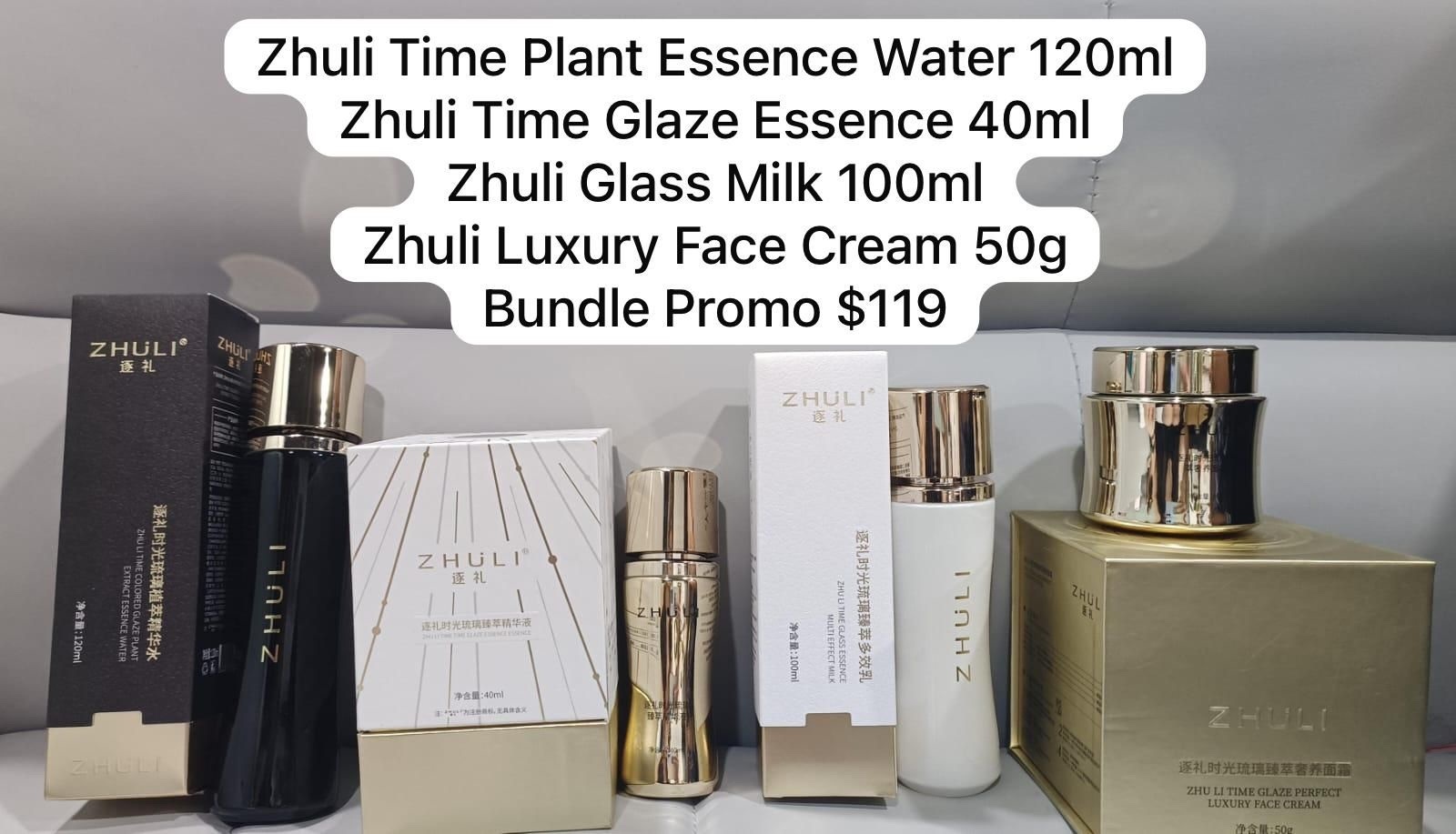 Zhuli Time Plant Essence Water 1200ml, Zhuli Time Glaze Essence 40ml , Zhuli Glass Time 100ml , Zhuli Luxury Face Cream 50g   (1set $119)