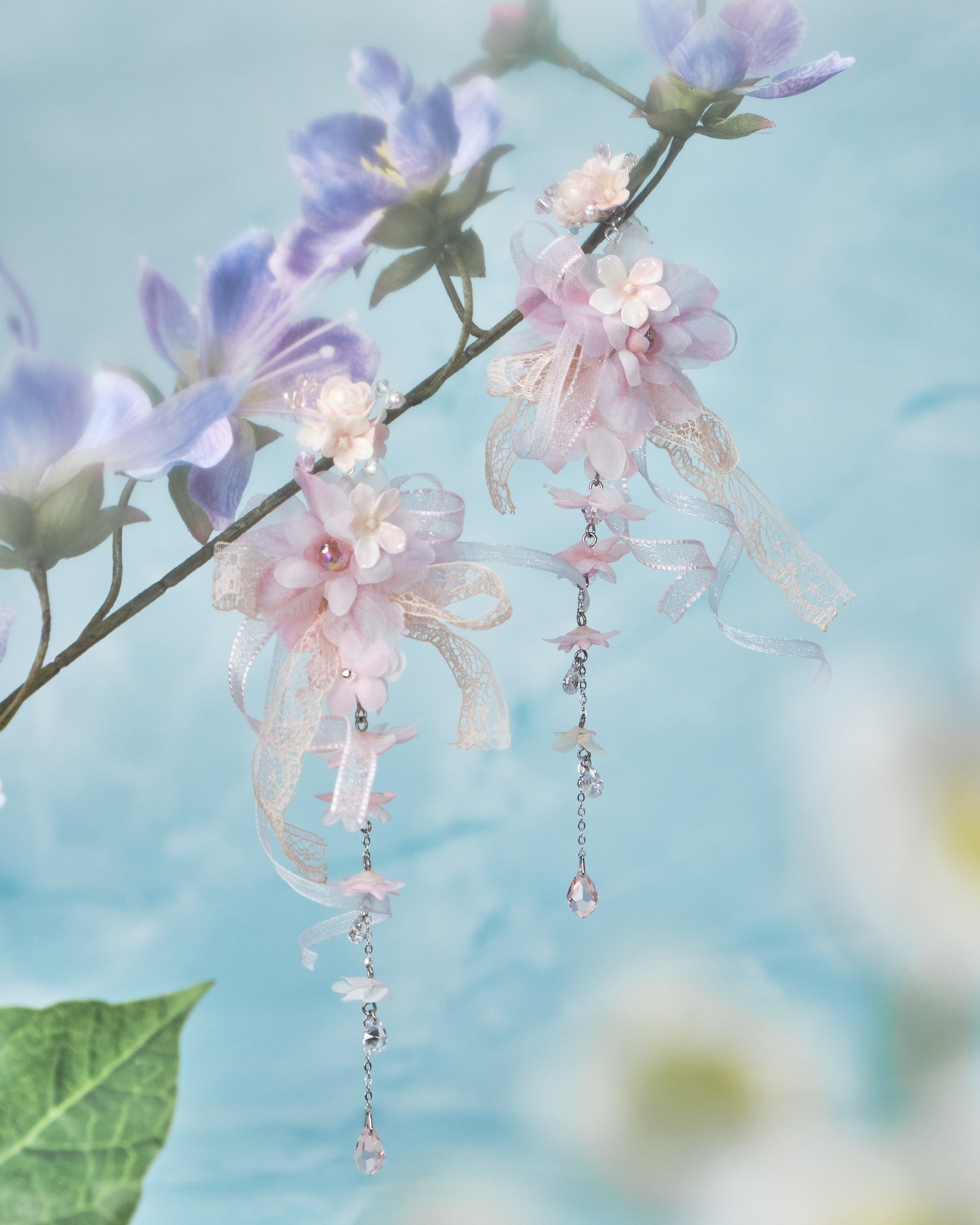 11200 Wisteria Flowers Girl~Elegant Ribbon S925 2-Way Long Earrings