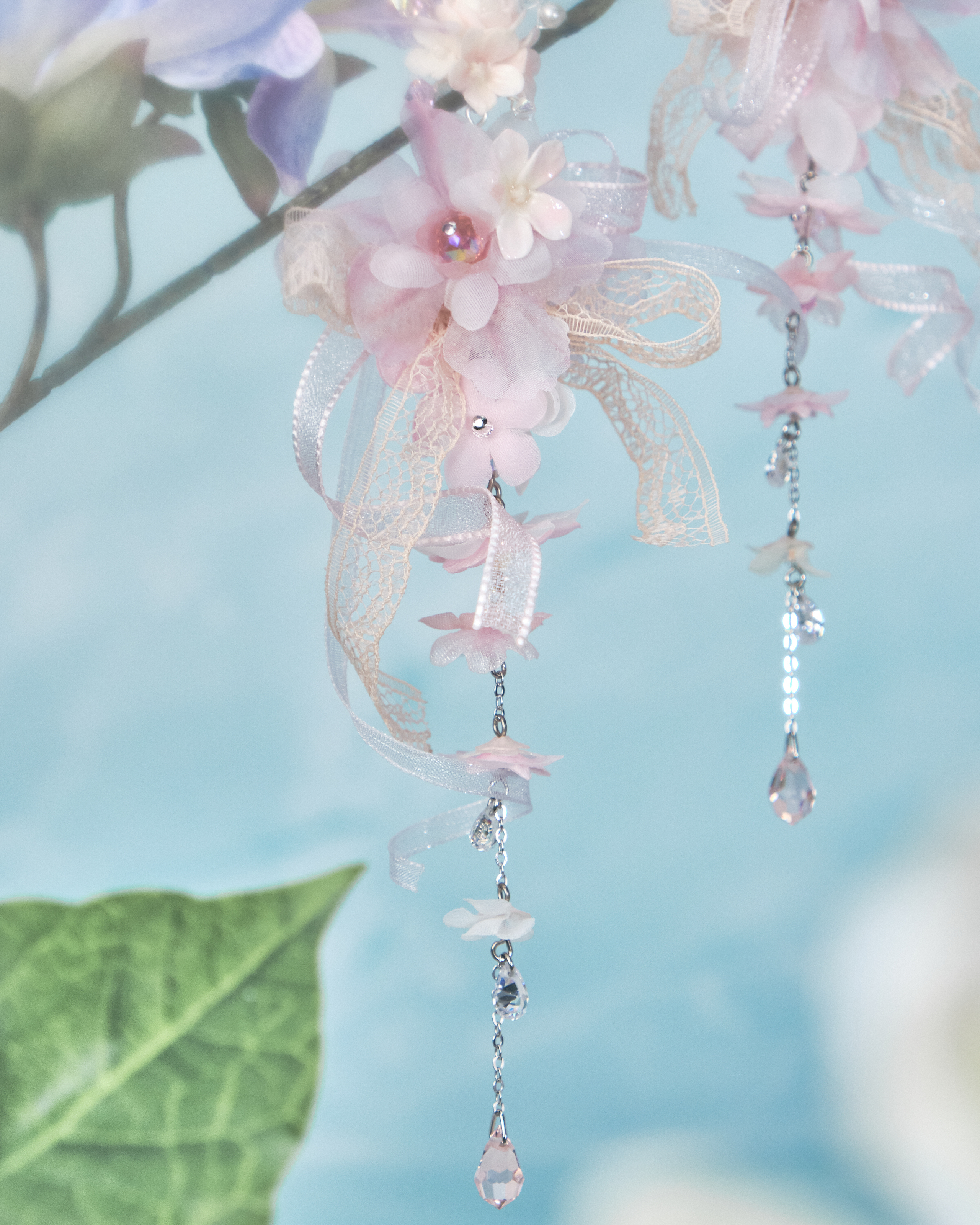 11200 Wisteria Flowers Girl~Elegant Ribbon S925 2-Way Long Earrings
