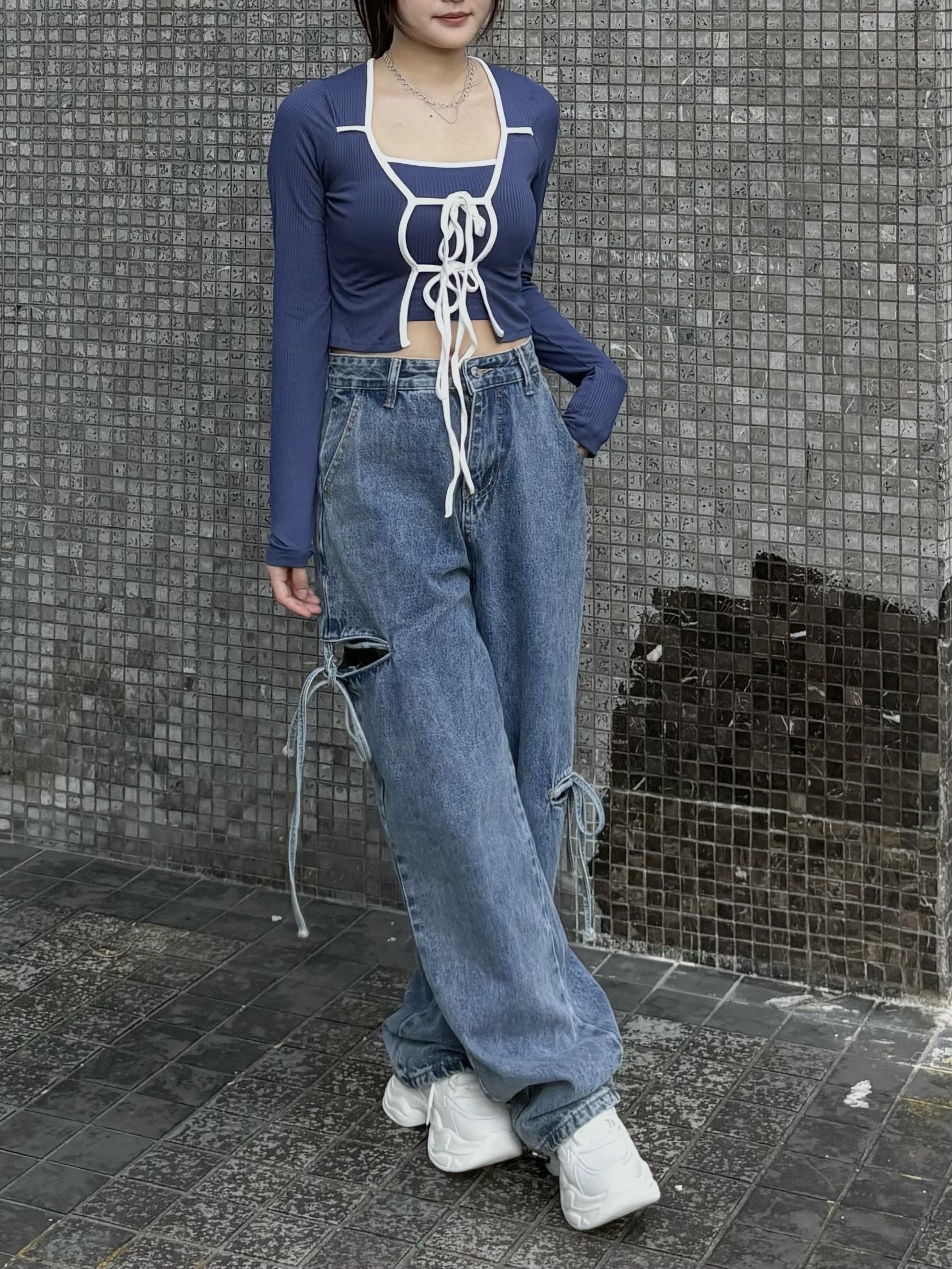 |現+預|側綁帶造型牛仔垮垮褲(S-L)(牛仔藍/黑灰色)