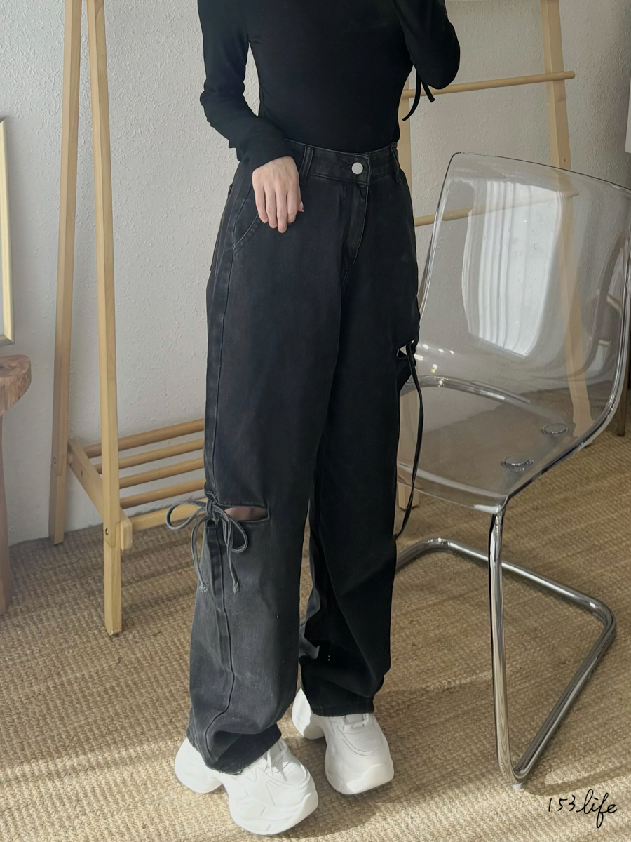 |現+預|側綁帶造型牛仔垮垮褲(S-L)(牛仔藍/黑灰色)