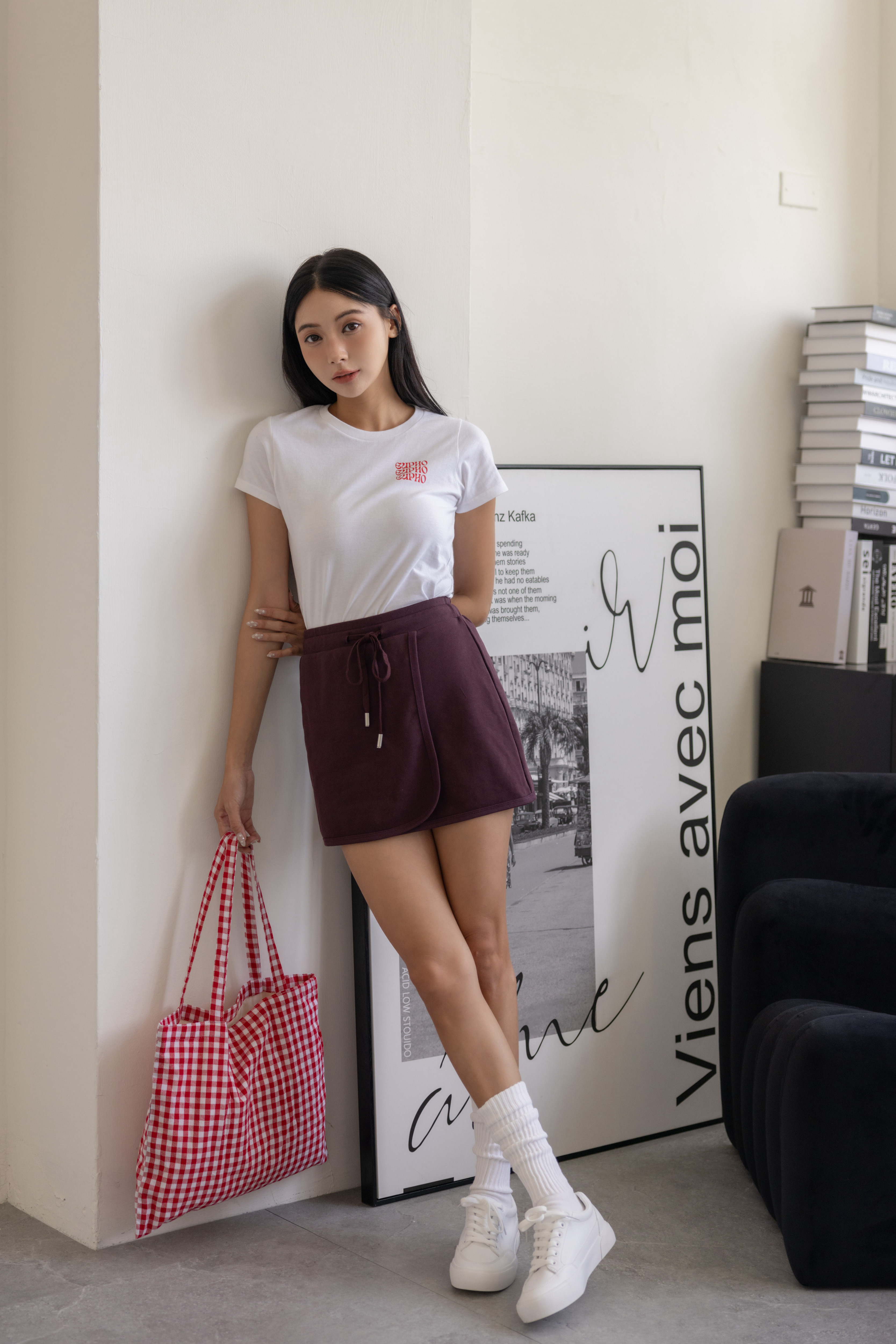 紅酒紫運動風修身棉質褲裙