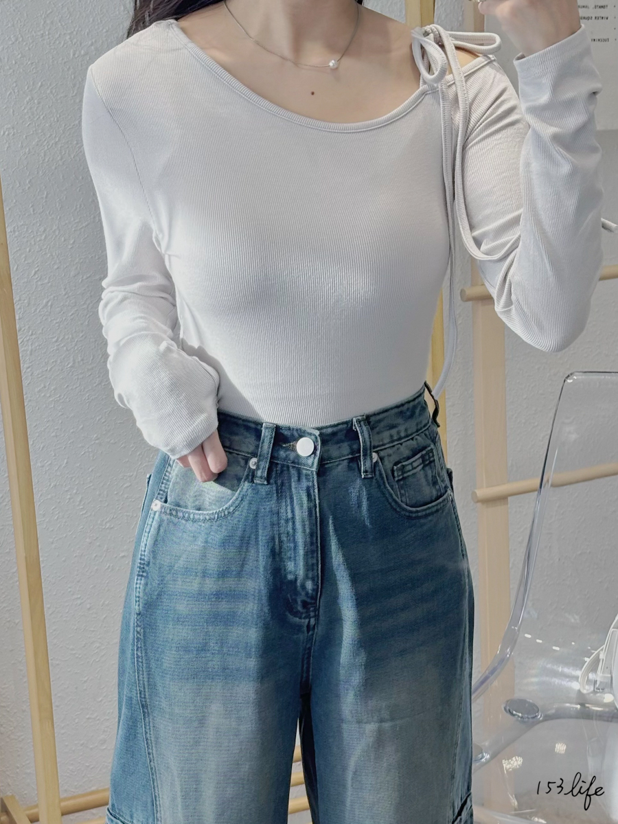 |現貨|斜肩綁帶彈力長袖上衣(2色)