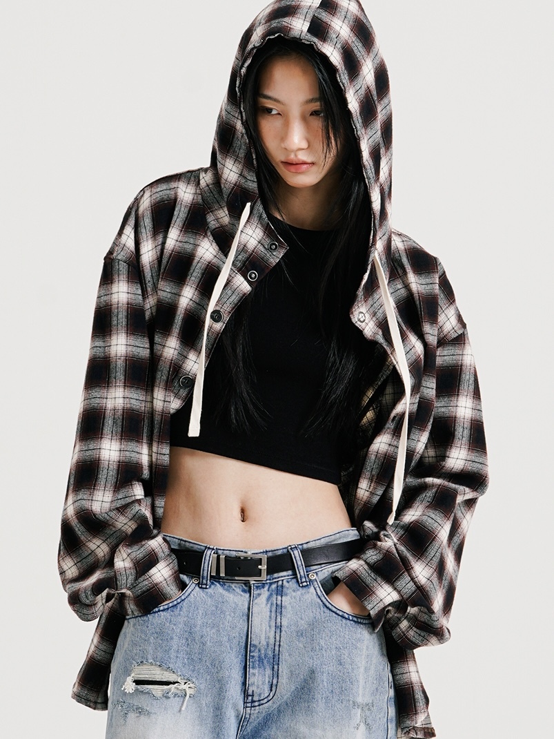 <預購>  韓國PUNCHLINE格紋連帽襯衫外套