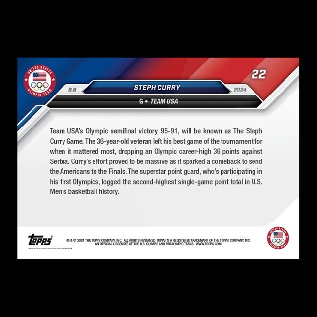 NBA球員卡 Steph Curry - 2024 Olympic Games TOPPS NOW® Card 22 - LOOK FOR AUTOS - PR: 88,735