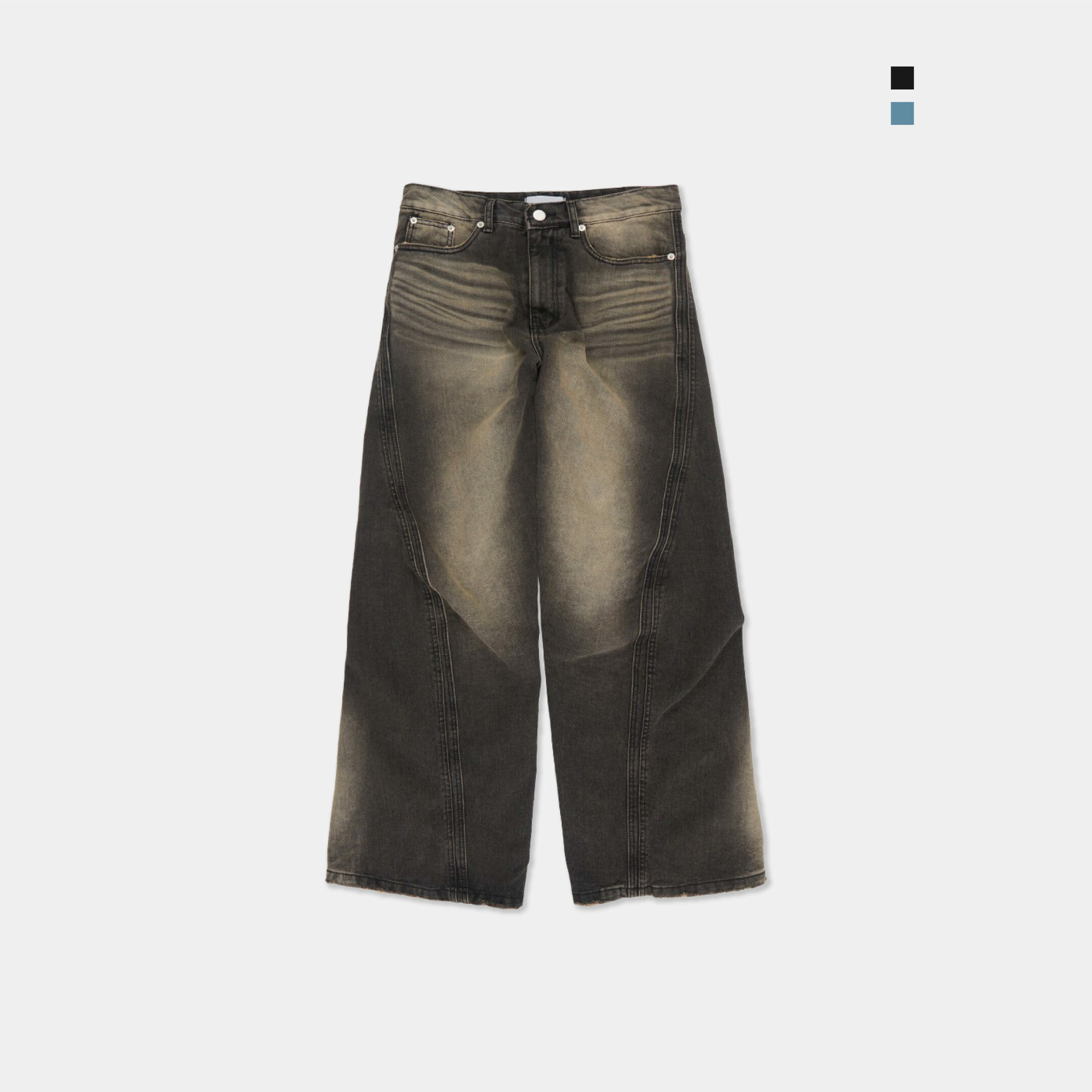 Raucohouse 對角 剪裁 貓鬚 微喇叭 牛仔褲