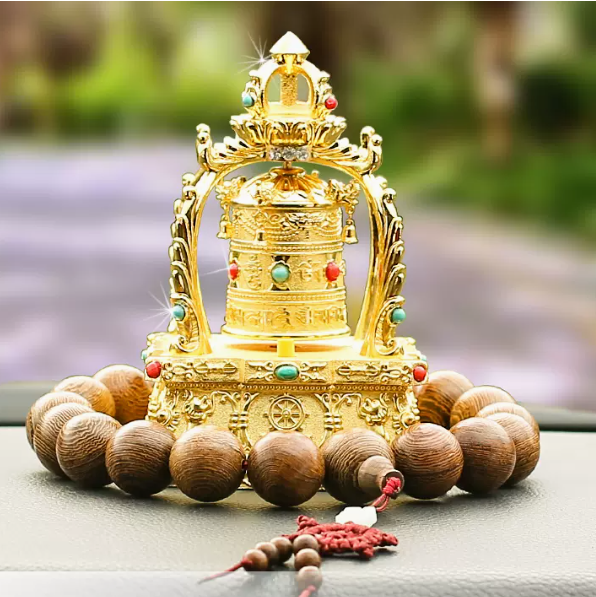 Hot-recommended car ornaments (alloy prayer wheel [solar battery dual drive] + gold wire wooden beads + five-piece set)